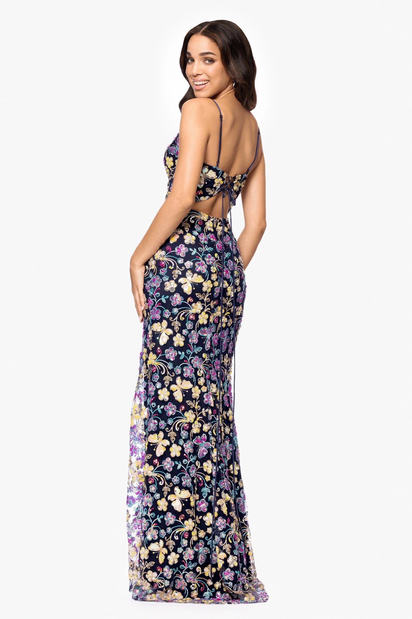 Blondie Nites "Carmen" Sequin Pattern V-Neck Floor Length Dress