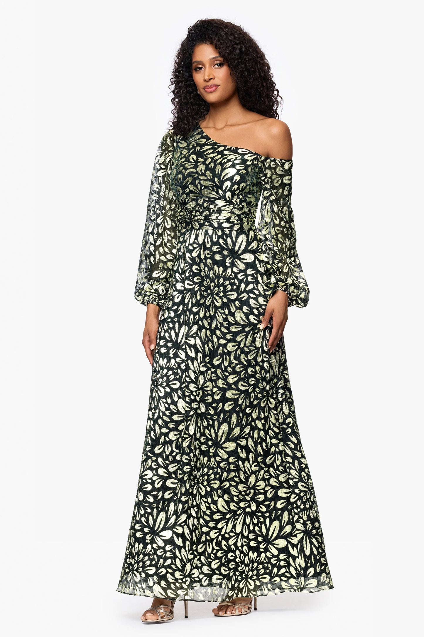 Petite "Malia" Metallic Off the Shoulder Long Sleeve Floor Length Dress