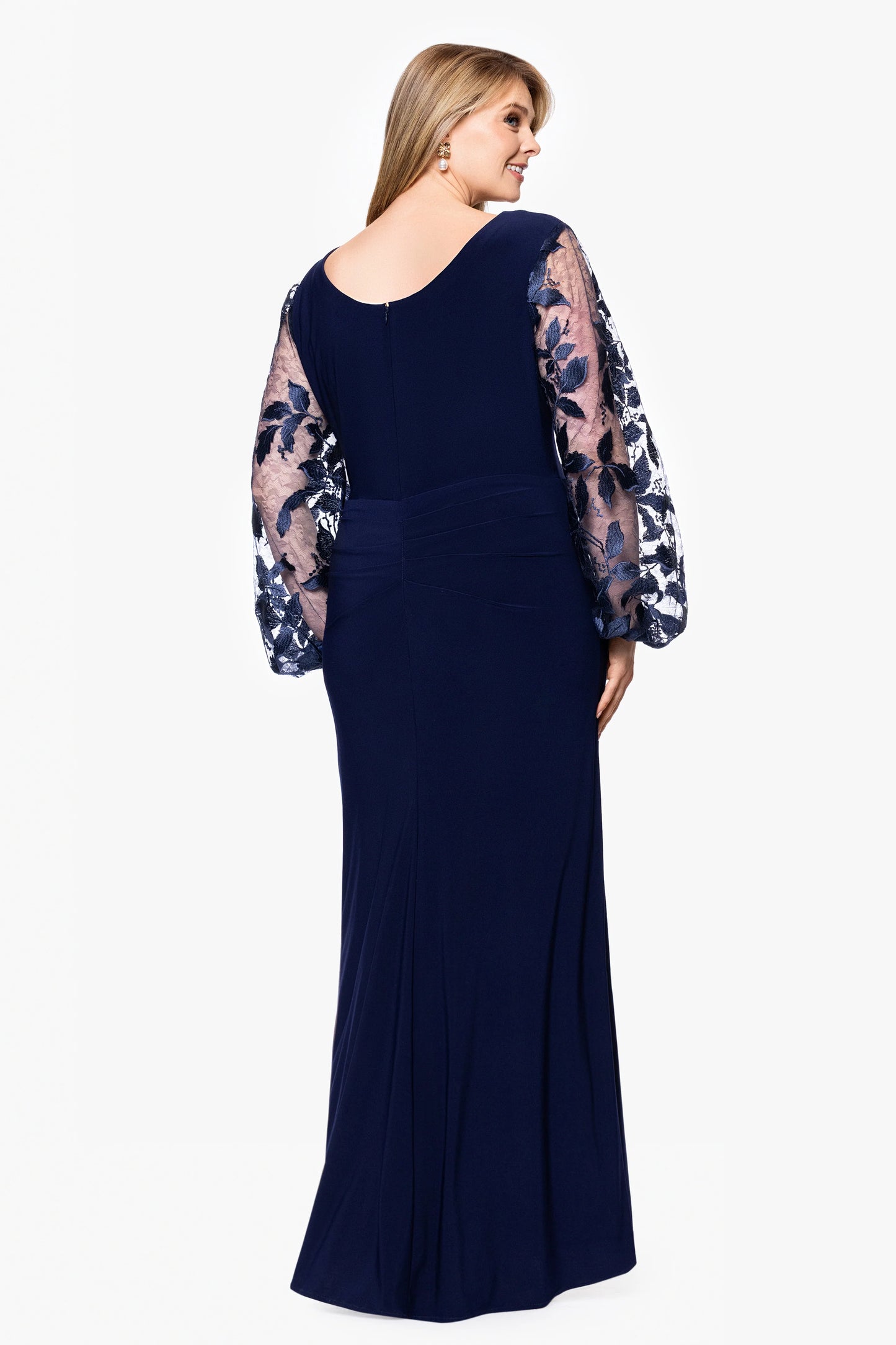Plus "Roxanna" Jersey Knit Embellished Long Sleeve Floor Length Dress