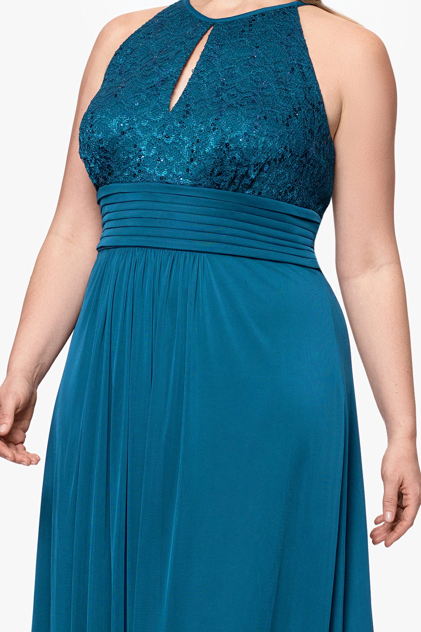Plus "Selena" Jersey and Lace Halter Keyhole Neck Floor Length Dress