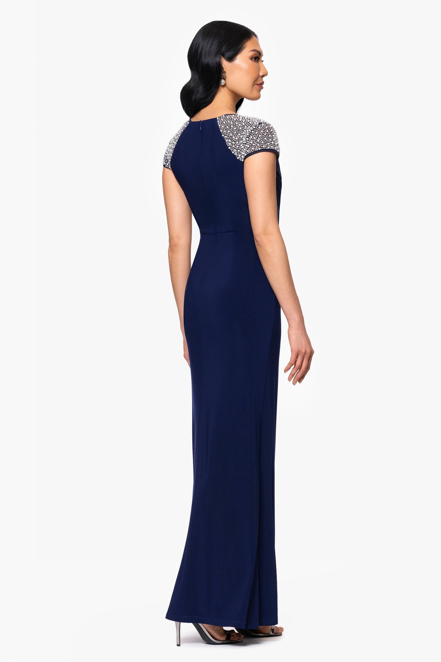 "Aaliyah" Jersey Knit Embellished Short Sleeve Ruffle Floor Length Dress