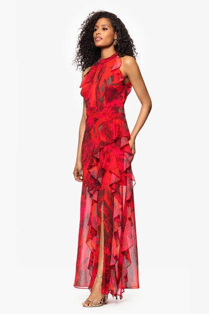 "Ramona" Print Chiffon Ruffle Floor Length Dress