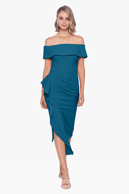 "Maya" Midi Scuba Crepe Off the Shoulder Cuff Side Ruching Dress