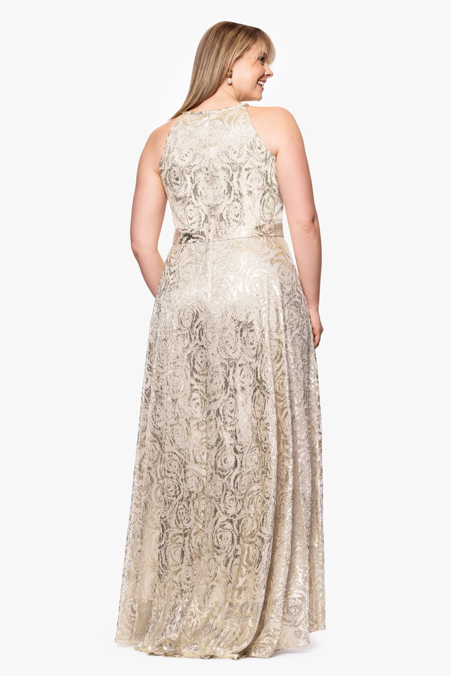 Plus "Luanne" Metallic Foil Halter Neck Floor Length Dress