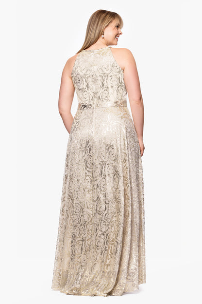 Plus "Luanne" Metallic Foil Halter Neck Floor Length Dress