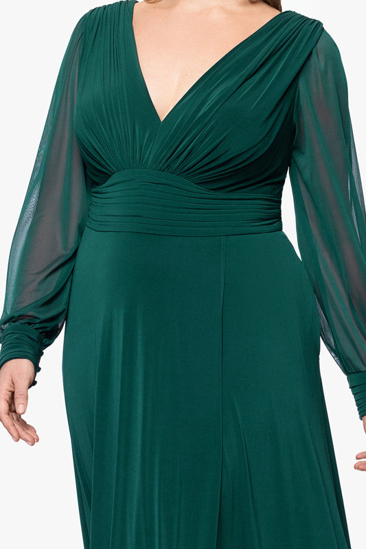 Plus "Jalissa" Jersey Knit Long Sleeve V-Neck Floor Length Dress