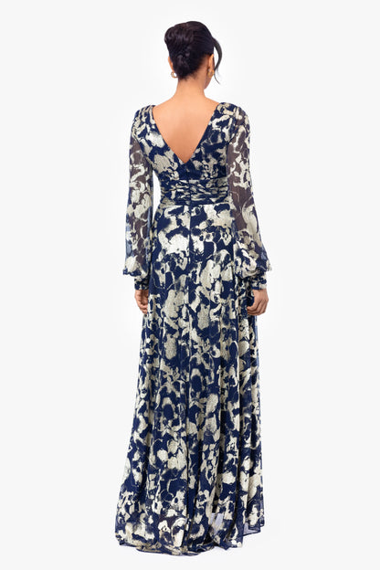 Petite "Annabelle" Metallic Foil and Long Mesh Sleeve Gown