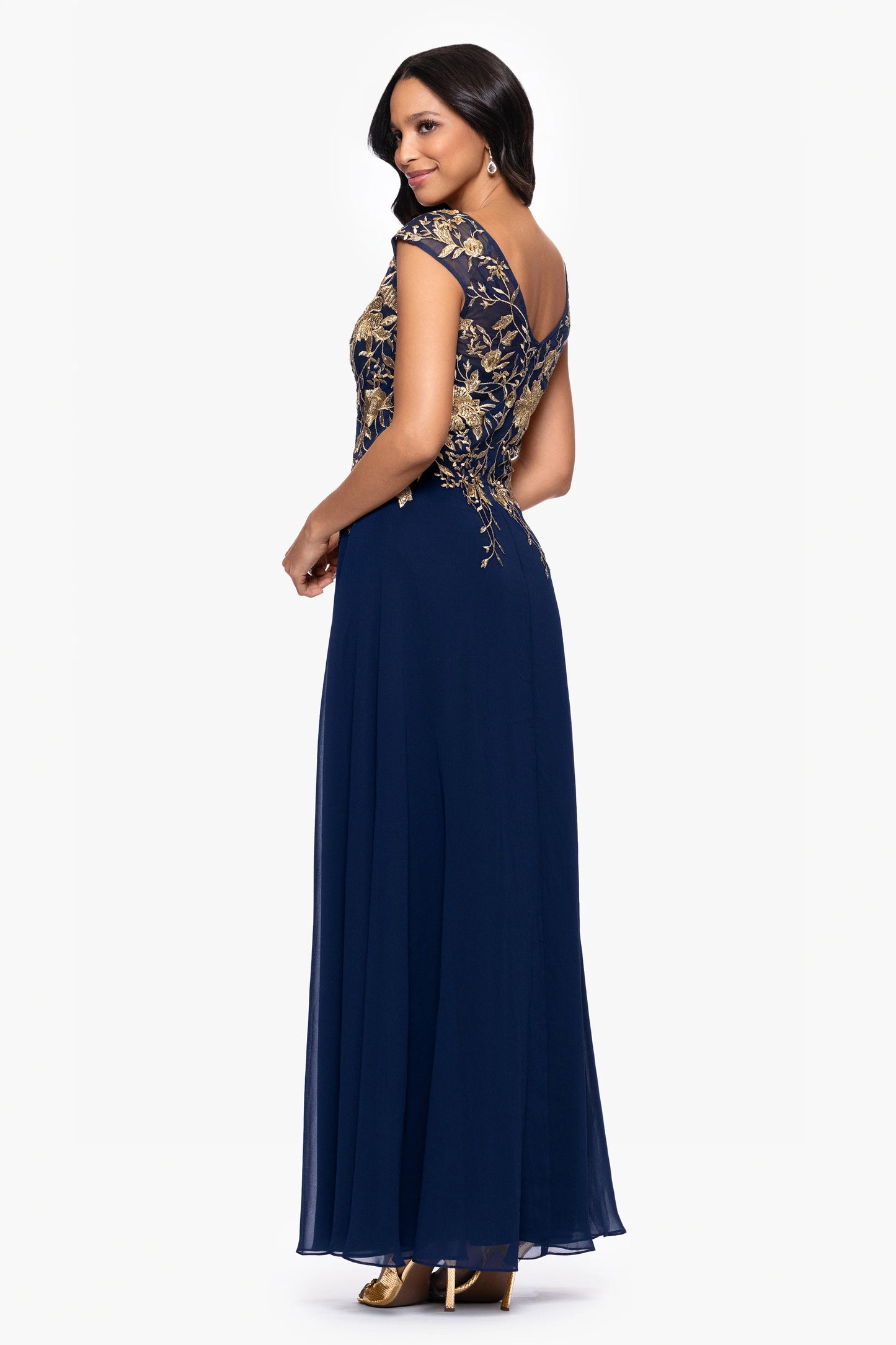 "Maeve" Chiffon Embroidered Bodice Floor Length Dress