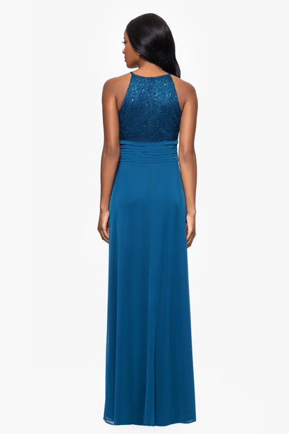 Petite "Selena" Jersey and Lace Halter Keyhole Neck Floor Length Dress