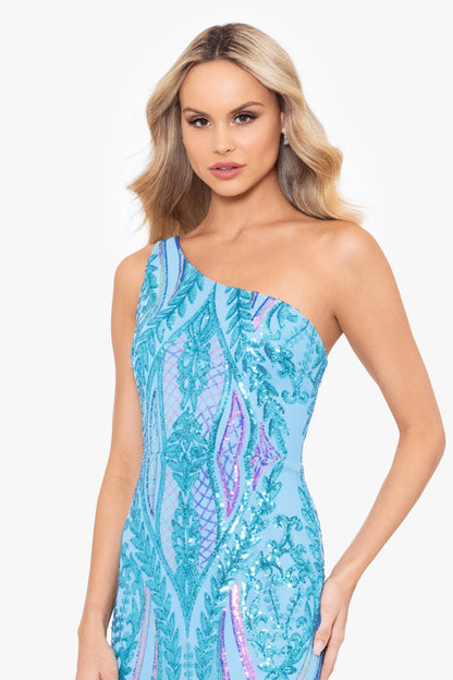 Blondie Nites "Terri" Long Placement Sequin One Shoulder Dress