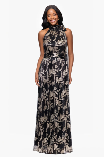 Petite "Hillary" Metallic Halter Bow Neck Floor Length Dress