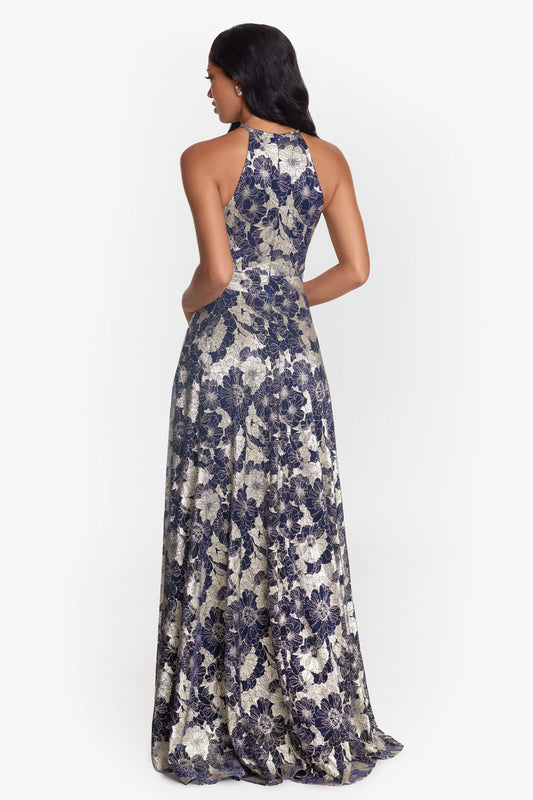 "Layla" Long Halter Top Wrap Foil Print Dress