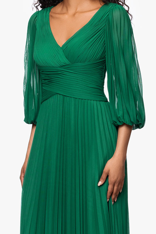 "Saraya" Sheer Matter Jersey 3/4 Sleeve V-Neck Floor Length Dress