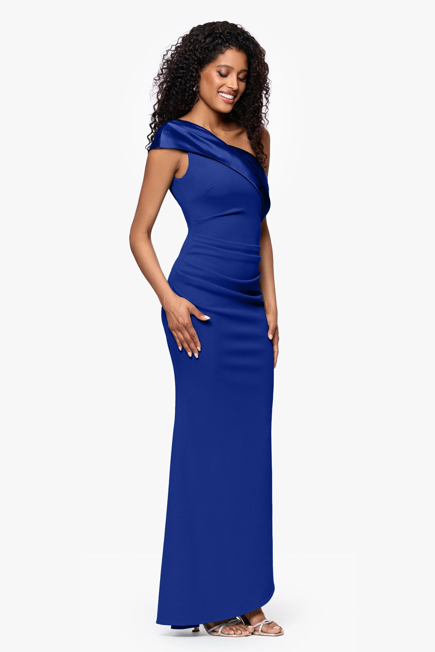 "Belinda" Scuba Crepe Drop Shoulder Satin Banded Neckline Floor Length Dress