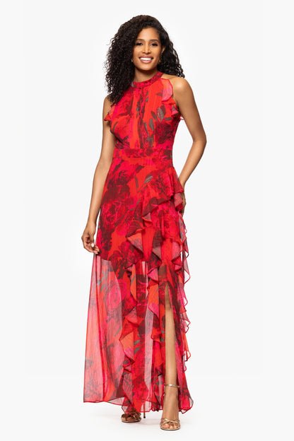 "Ramona" Print Chiffon Ruffle Floor Length Dress