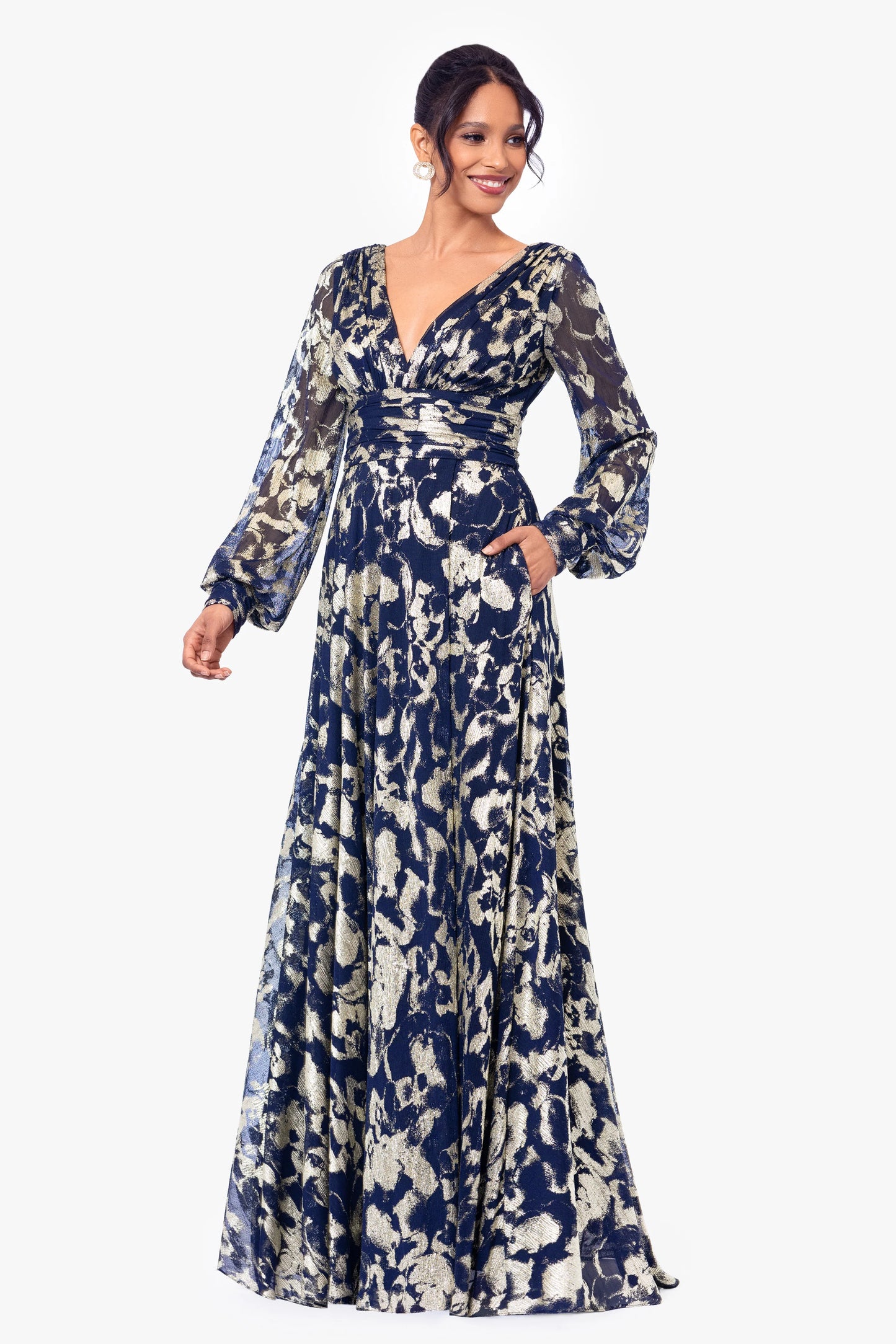 Petite "Annabelle" Metallic Foil and Long Mesh Sleeve Gown