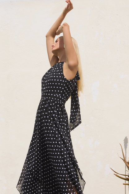 "Delphine" Chiffon Polka Dot Handkerchief Floor Length Dress
