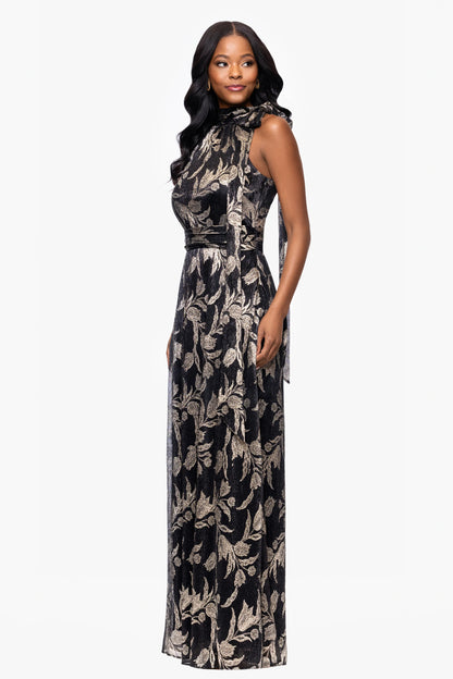 Petite "Hillary" Metallic Halter Bow Neck Floor Length Dress
