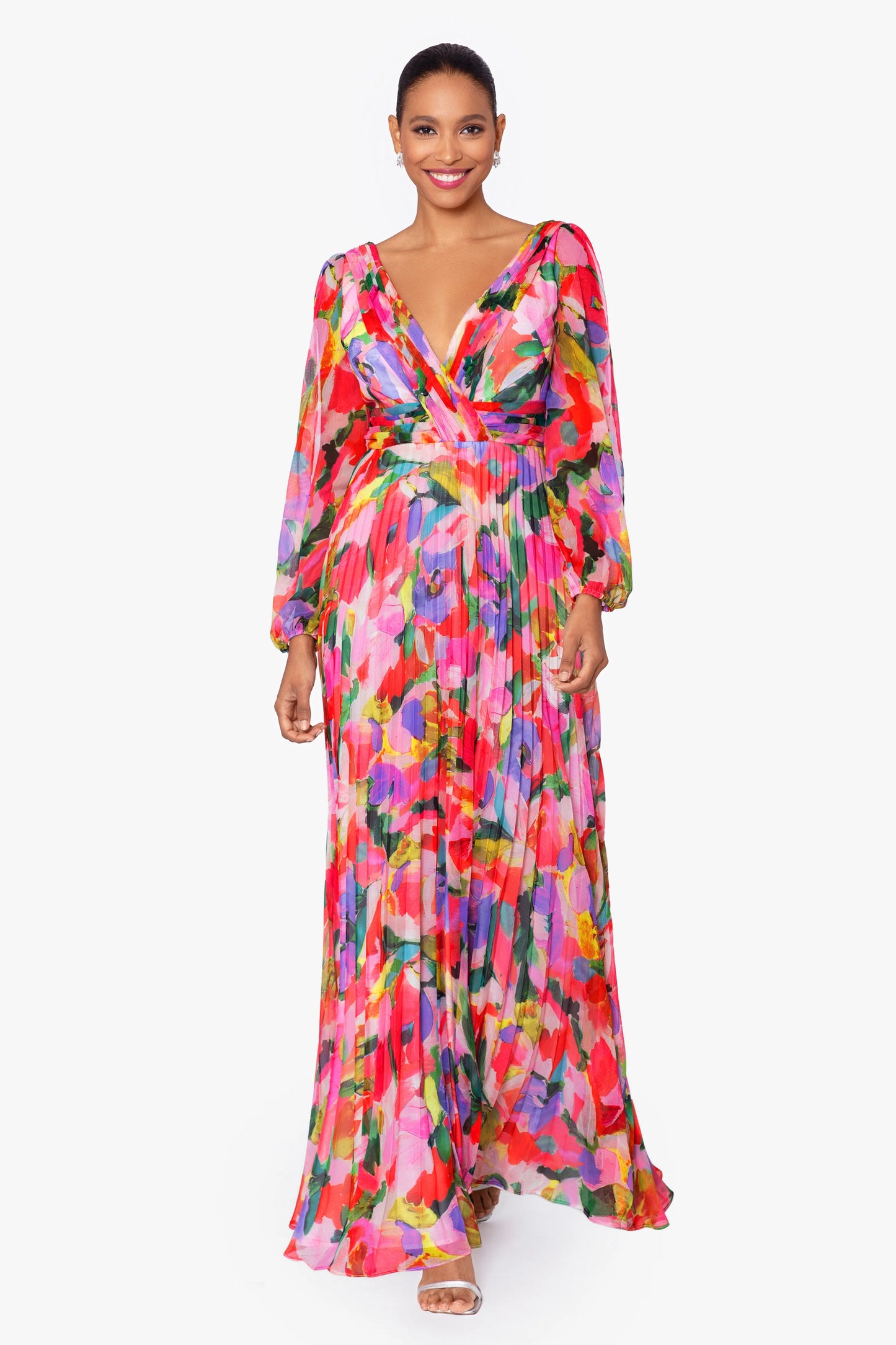 "Amber" Long Sleeve Chiffon Print Floor Length Dress