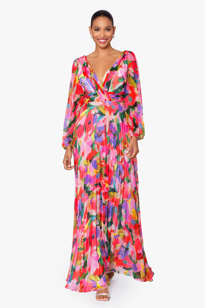 "Amber" Long Sleeve Chiffon Print Floor Length Dress