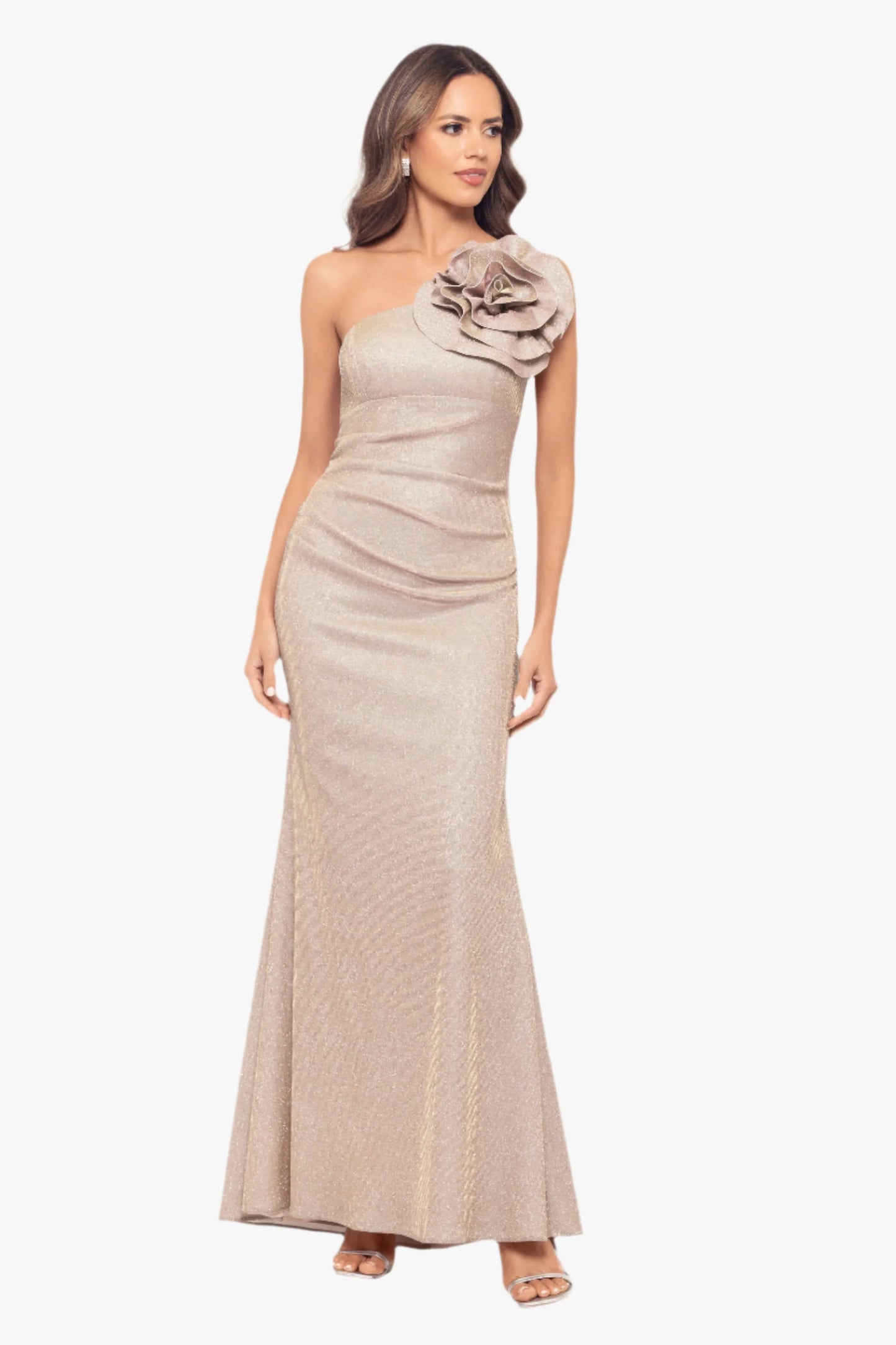 Petite "Phoebe" Galaxy Knit One Shoulder Flower Floor Length Dress