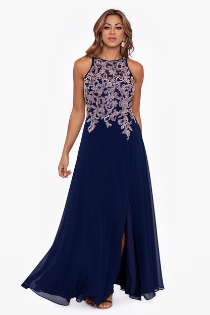 Petite "Katie" Long Chiffon Beaded Halter Dress