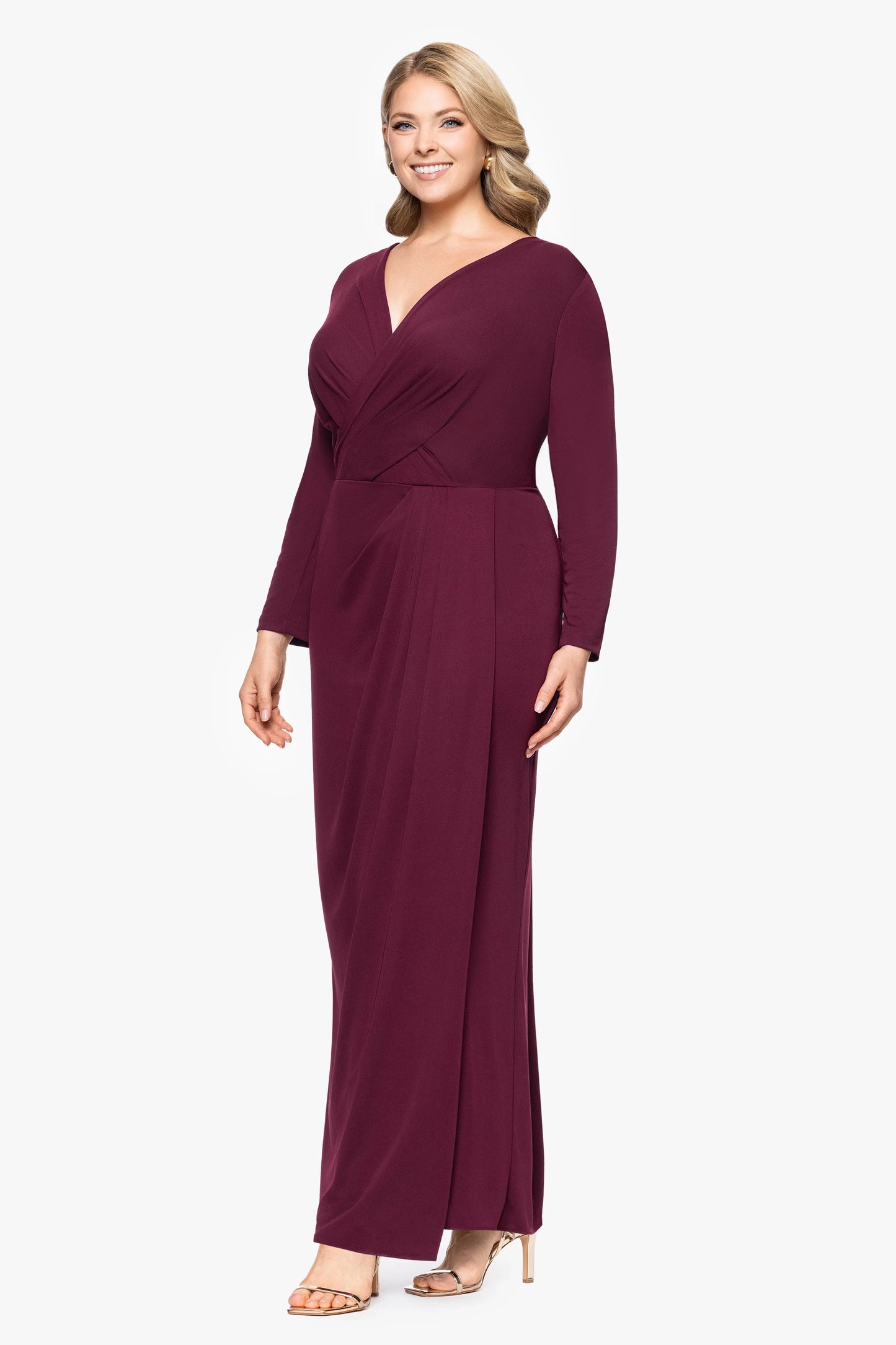 "Margerat" Jersey V-Neck Long Sleeve Floor Length Dress