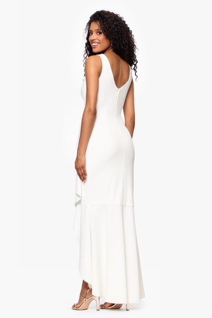 "Candace" Long V- Neck Hi Low Cascade Dress