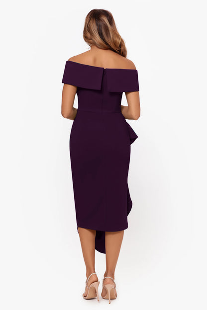 "Maya" Midi Scuba Crepe Off the Shoulder Cuff Side Ruching Dress