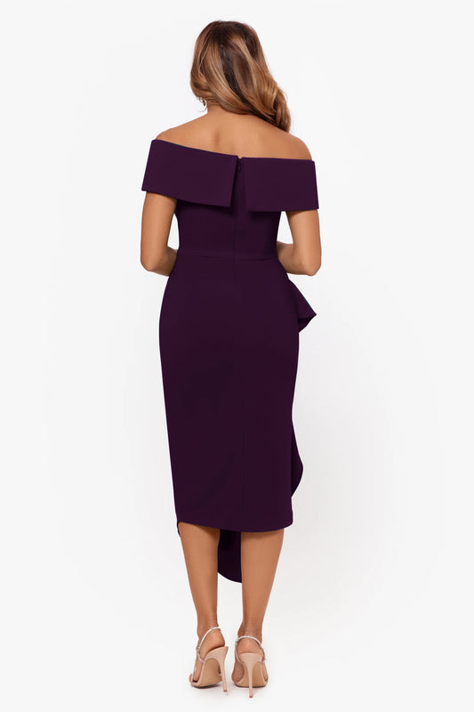 "Maya" Midi Scuba Crepe Off the Shoulder Cuff Side Ruching Dress