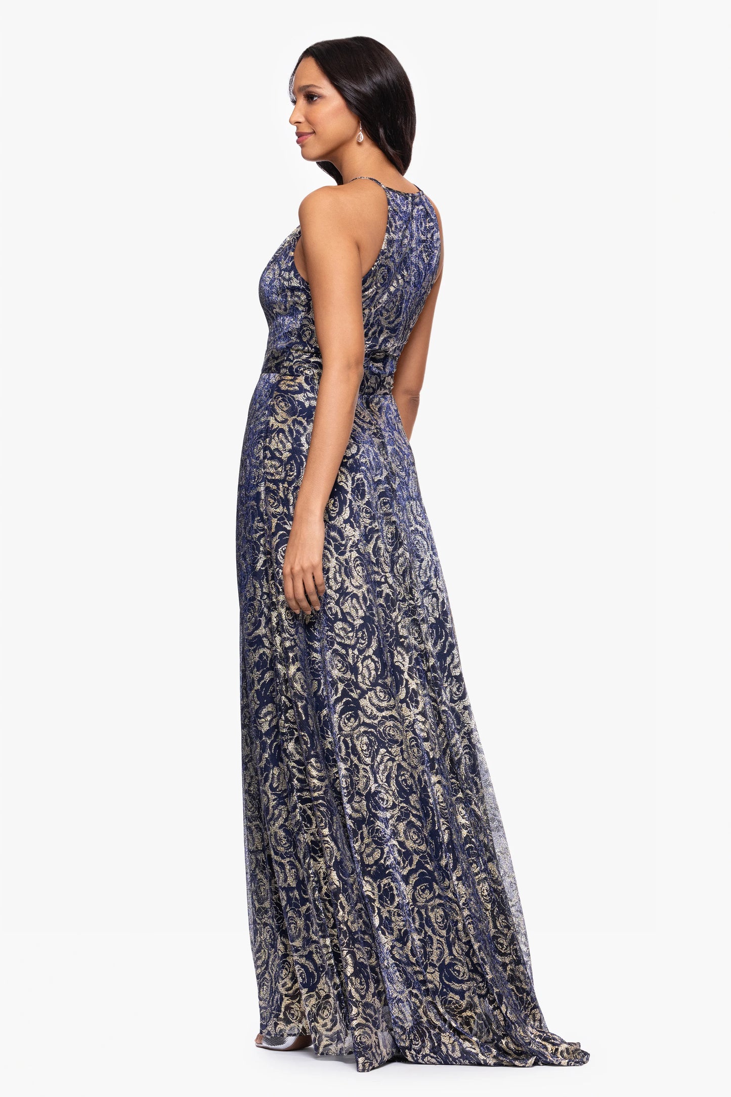 Petite "Shelley" Metallic Foil Halter Neck Floor Length Dress