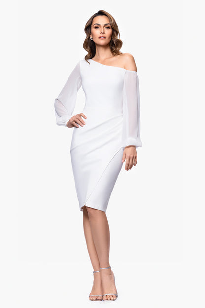 "Alara" Knee Length Off the Shoulder Mesh Long Sleeve Scuba Crepe Dress