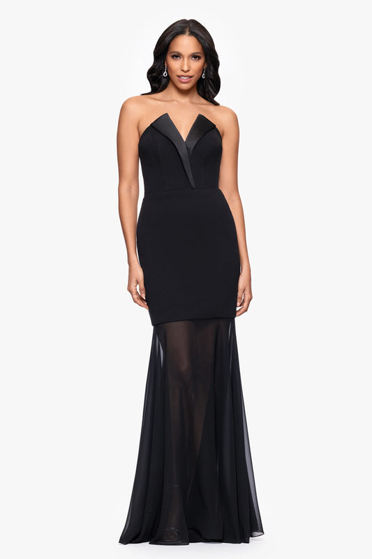 "Rosanna" Scuba Crepe and Chiffon Floor Length Tuxedo Dress