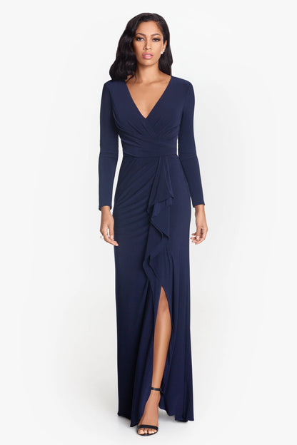 "Elle" Long Sleeve Side Ruffled Slit Gown