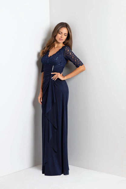 Petite "Johanna" 3/4 Sleeve Sheer Matte Jersey Long Dress