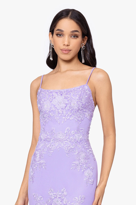 Blondie Nites "Faith" Long Slim Spaghetti Strap Mesh Applique Dress