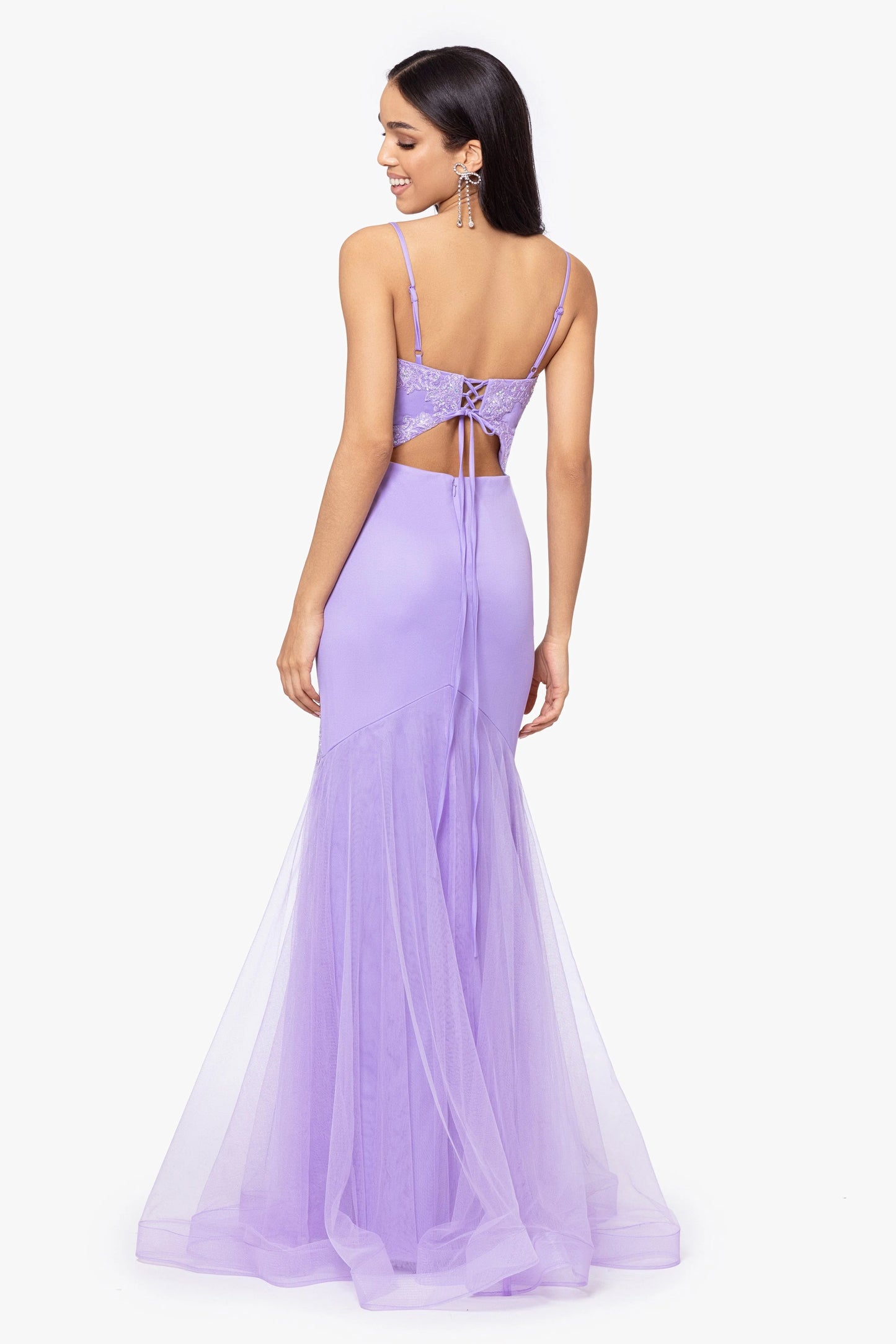 Blondie Nites "Faith" Long Slim Spaghetti Strap Mesh Applique Dress