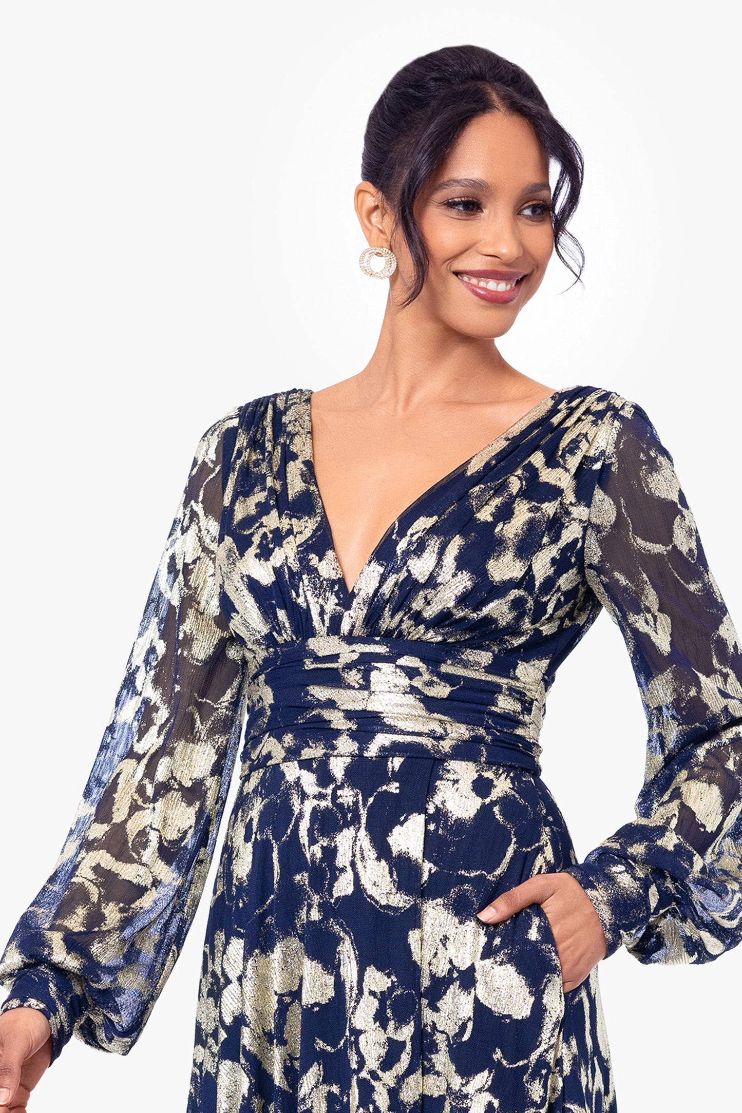 Petite "Annabelle" Metallic Foil and Long Mesh Sleeve Gown