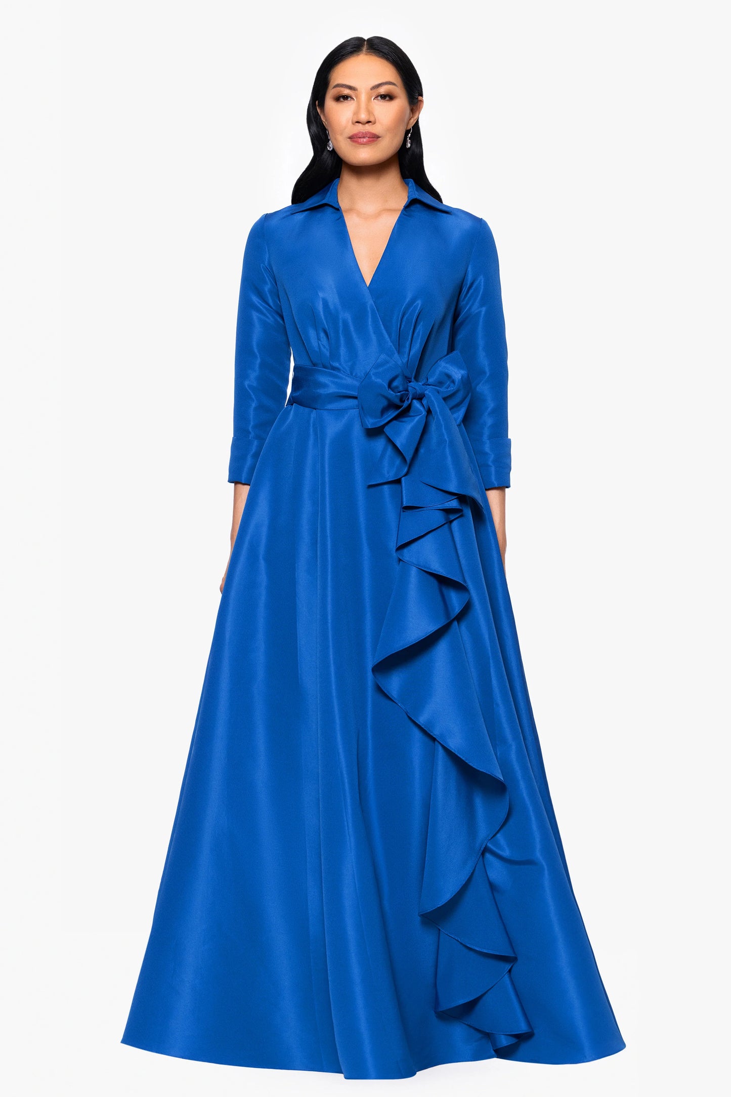 "Beverly" Taffeta 3/4 Sleeve V-Neck A-Line Bow and Ruffle Floor Length Dress