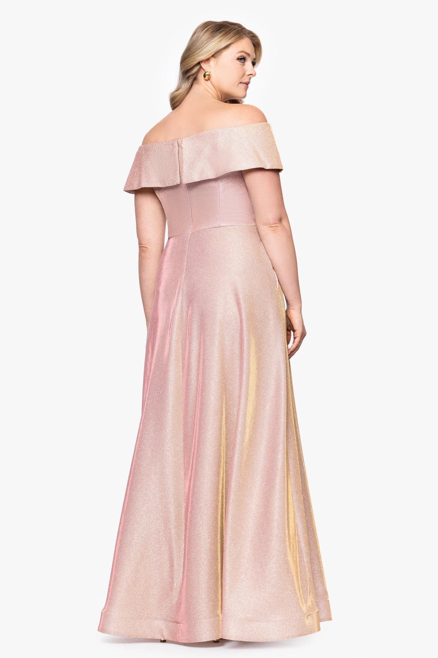Plus "Kendra" Galaxy Glitter Off the Shoulder Floor Length Gown