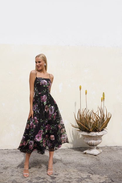 "Colleen" Print Mesh Spaghetti Strap Midi Dress