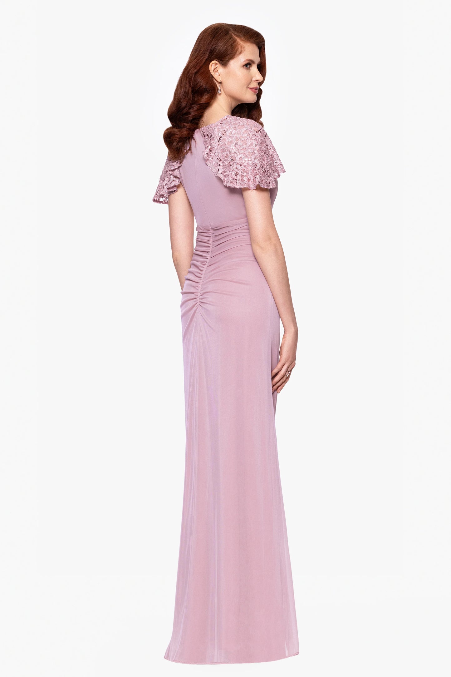 "Alexia" Sheer Matte Jersey With Lace Sleeves Floor Length Dress