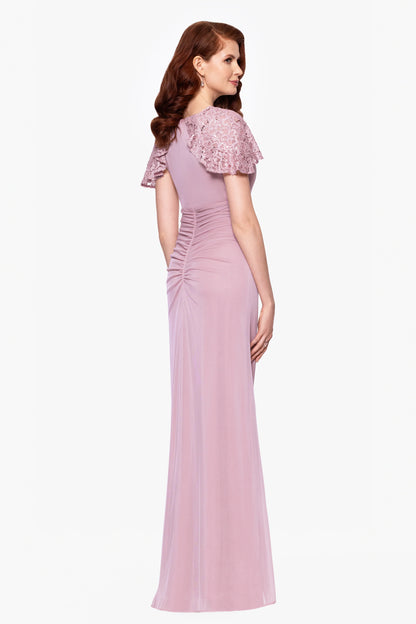 "Alexia" Sheer Matte Jersey With Lace Sleeves Floor Length Dress