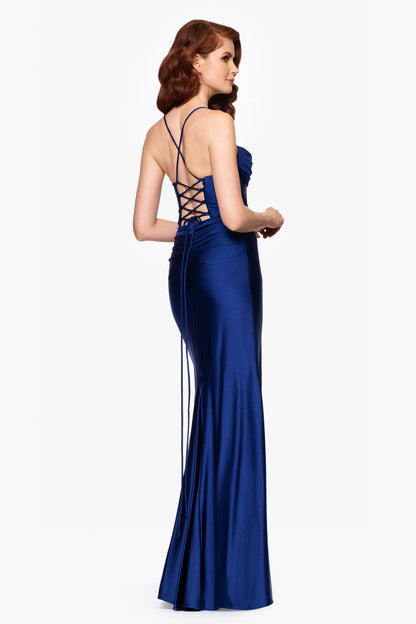 Petite "Talia" Long Sateen Corset Lace Up Back Dress