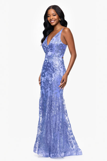 Blondie Nites "Zoey" Glitter V-Neck Floor Length Dress
