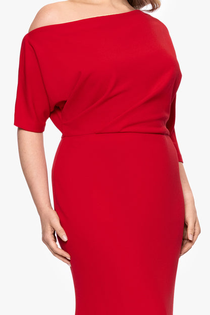 Plus "Madeline" Long Scuba Crepe Off the Shoulder Drop Dress