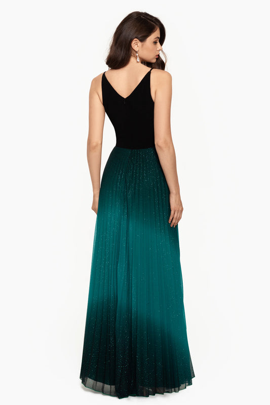 "Berkley" Long V- Neck Jersey Knit Pleated Glitter Skirt Dress