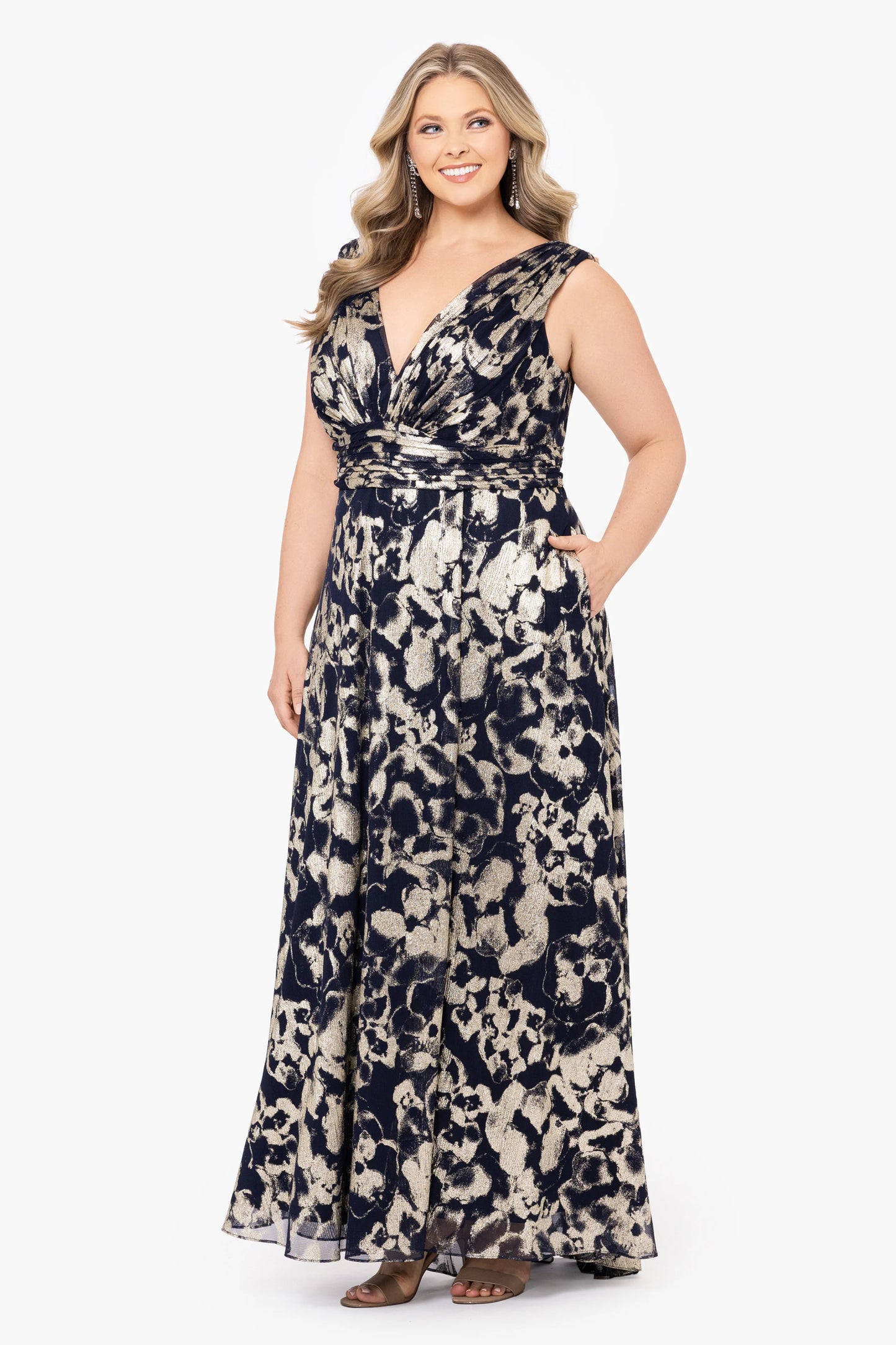 Plus "Maria" Long Foil V-Neck Floor Length Dress