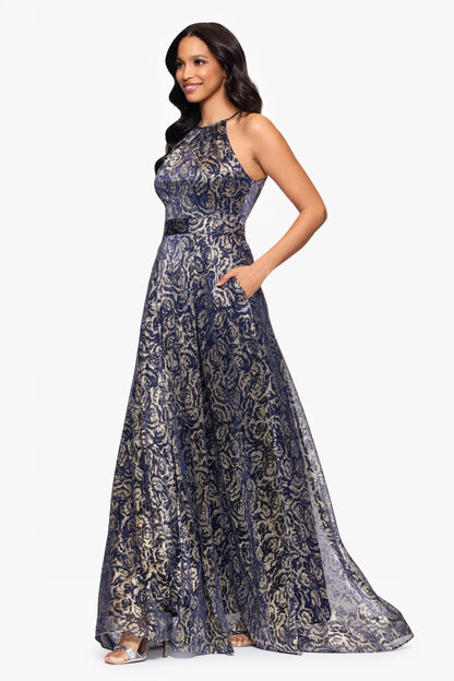 Petite "Shelley" Metallic Foil Halter Neck Floor Length Dress