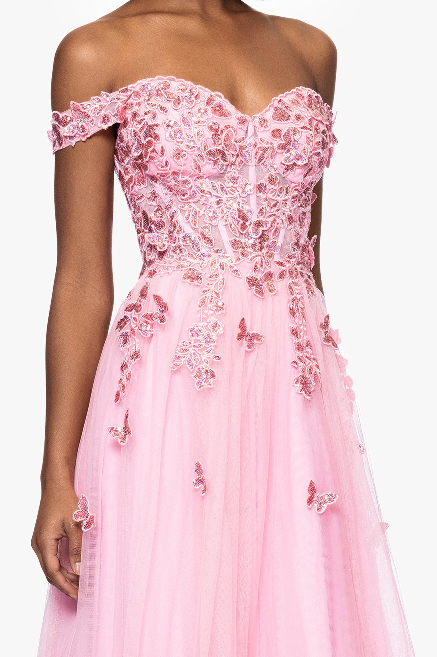 Blondie Nites "Luna" Long Off the Shoulder 3D Butterfly Embellished Gown